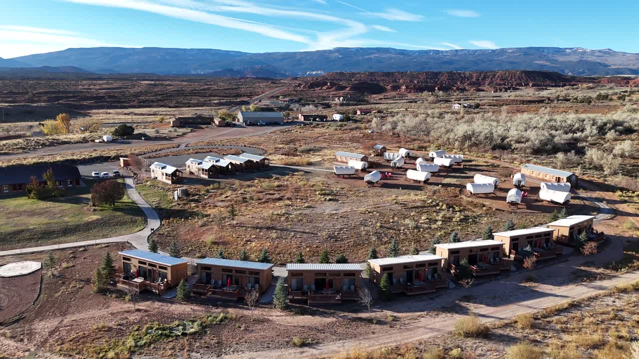 Drone Shot of Capitol Reef Resort in Scenic Landscape of National Park on Sunny Day, Utah USA