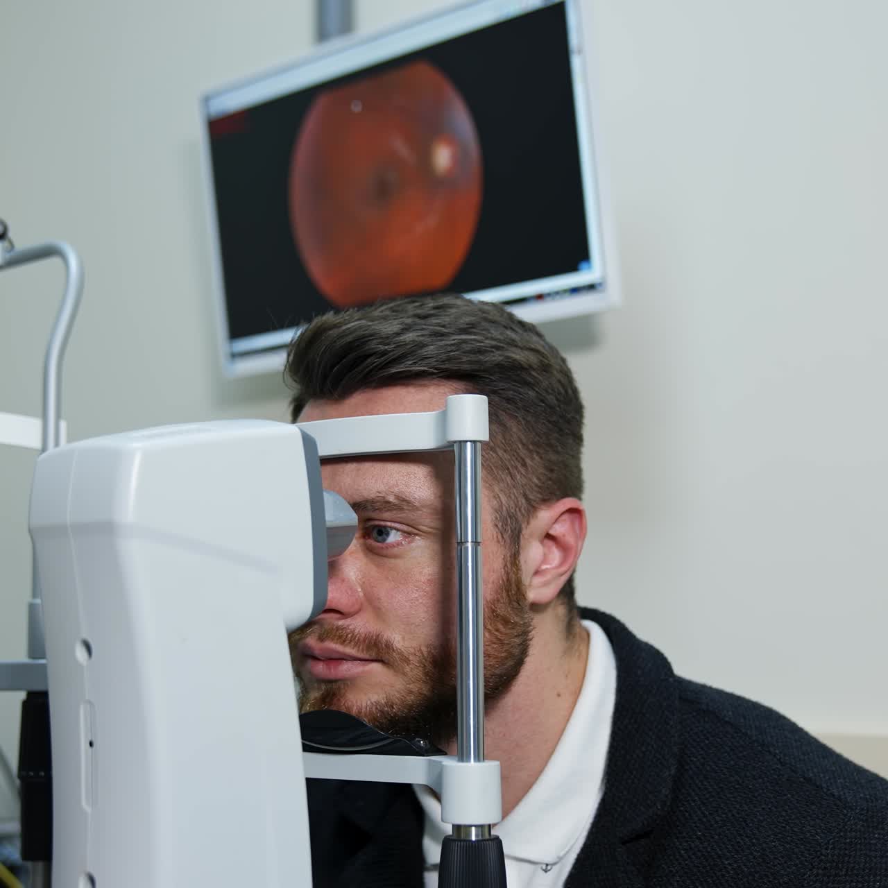 Patient in ophthalmology clinic. Man looks inside apparatus for medical therapy. Young man checking his eyes in ophthalmologist office
