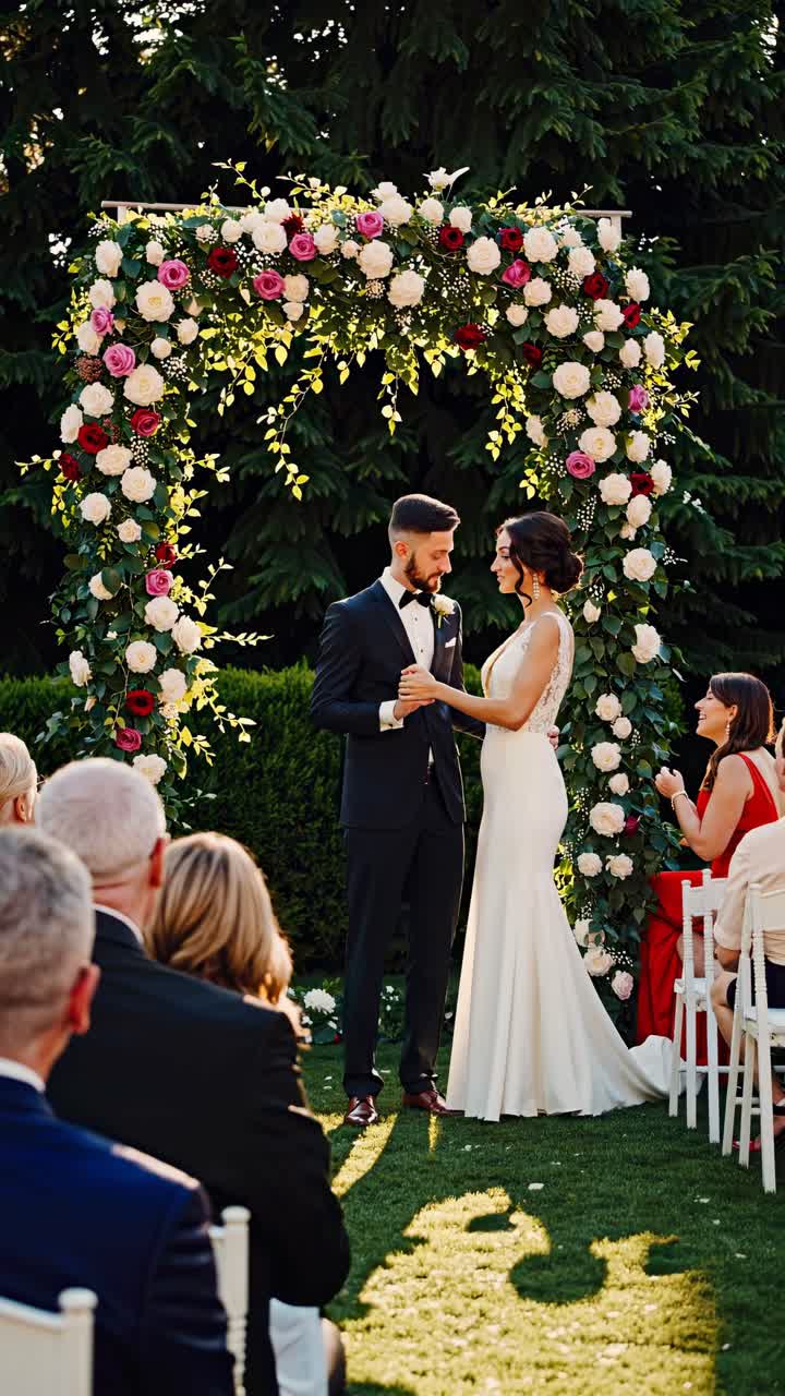 Un romantico allestimento per un matrimonio all'aperto con un arco floreale e gli invitati seduti
