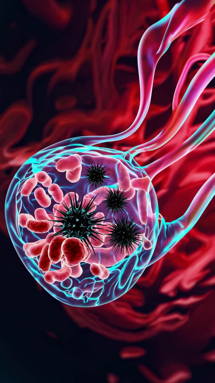 Concetto video in primo piano di un virus, con uno stile dinamico e colorato. L'angolazione della telecamera è una ripresa macro.