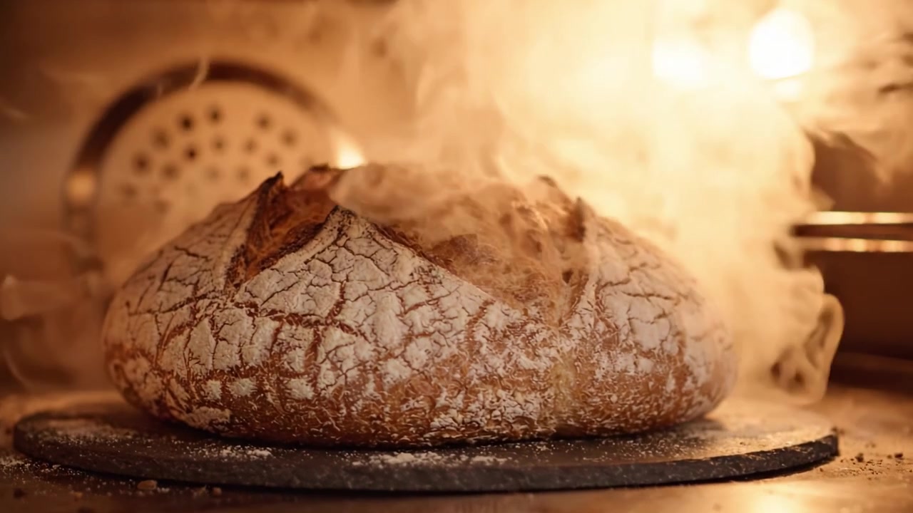 Freshly Baked Artisan Bread Rising in Oven, Showcasing Its Beautiful Crust and Golden Color, Capturing the Essence of Homemade Baking and Culinary Delight.