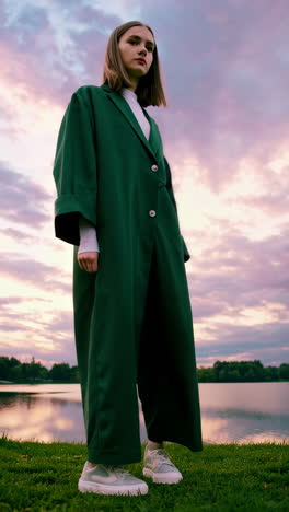 stylish green outfit by a lake at sunset