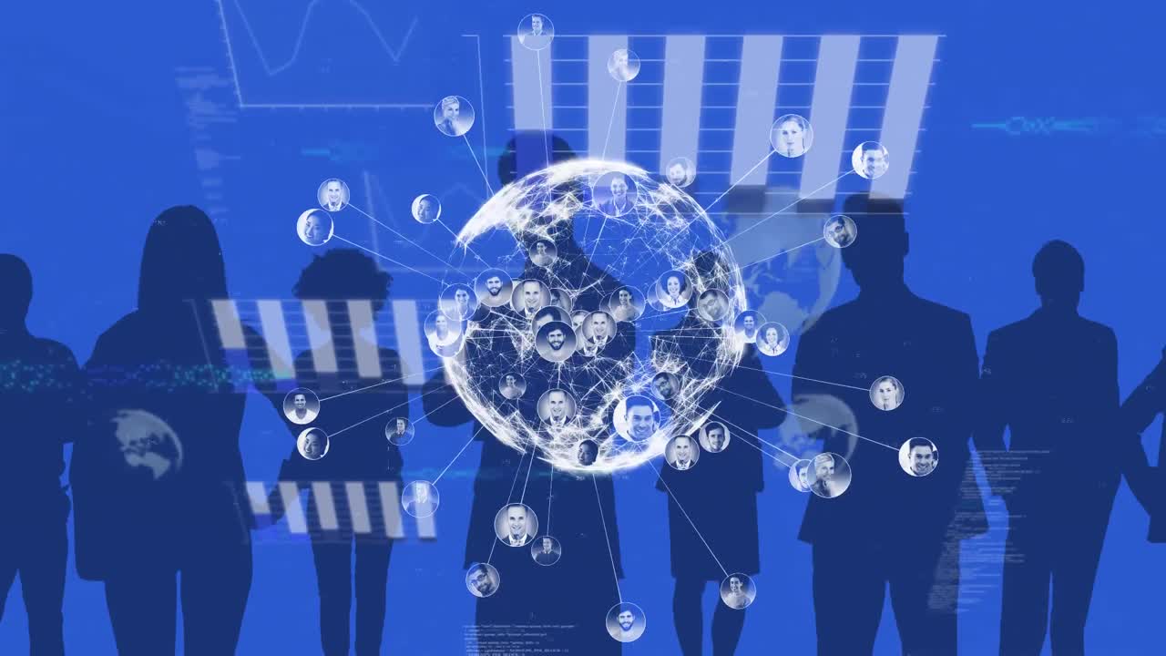 연결 네트워크와 함께 지구의 애니메이션, 비즈니스 사람들의 실루 ⁇ 에 대한 데이터 처리