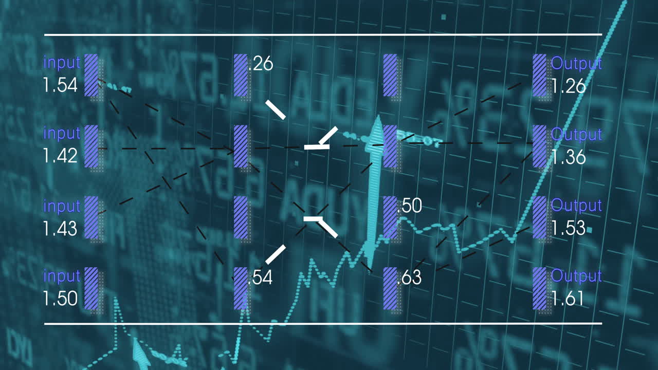 Animated illustration showing neural network overlaying finance grid with input hidden output bars