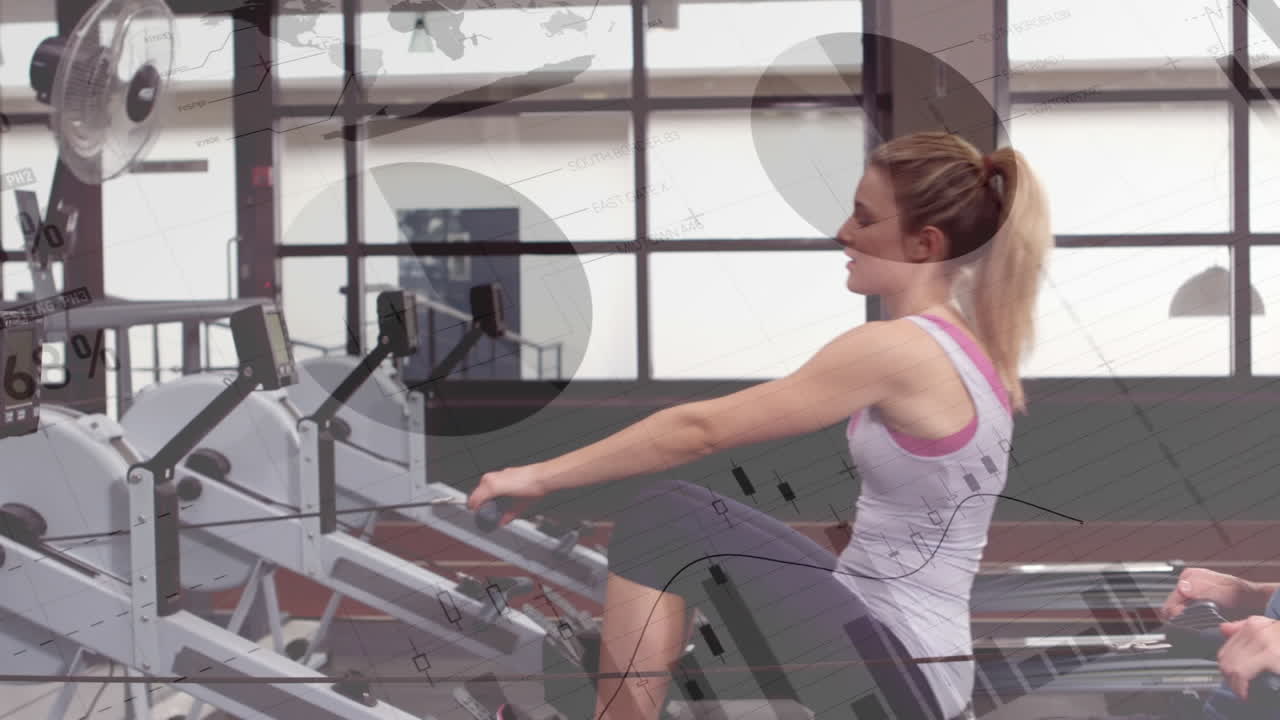 체육관에서 운동하는 백인 건강한 커플에 대한 통계 데이터 처리의 애니메이션