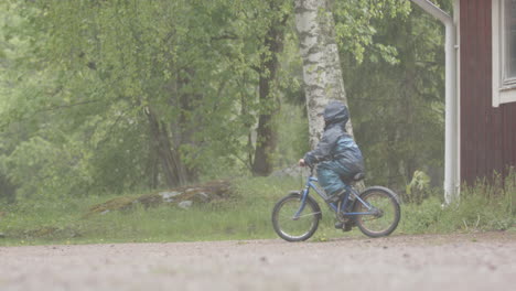 extreme weather, slomo - a child rides their bike through the heavy rain