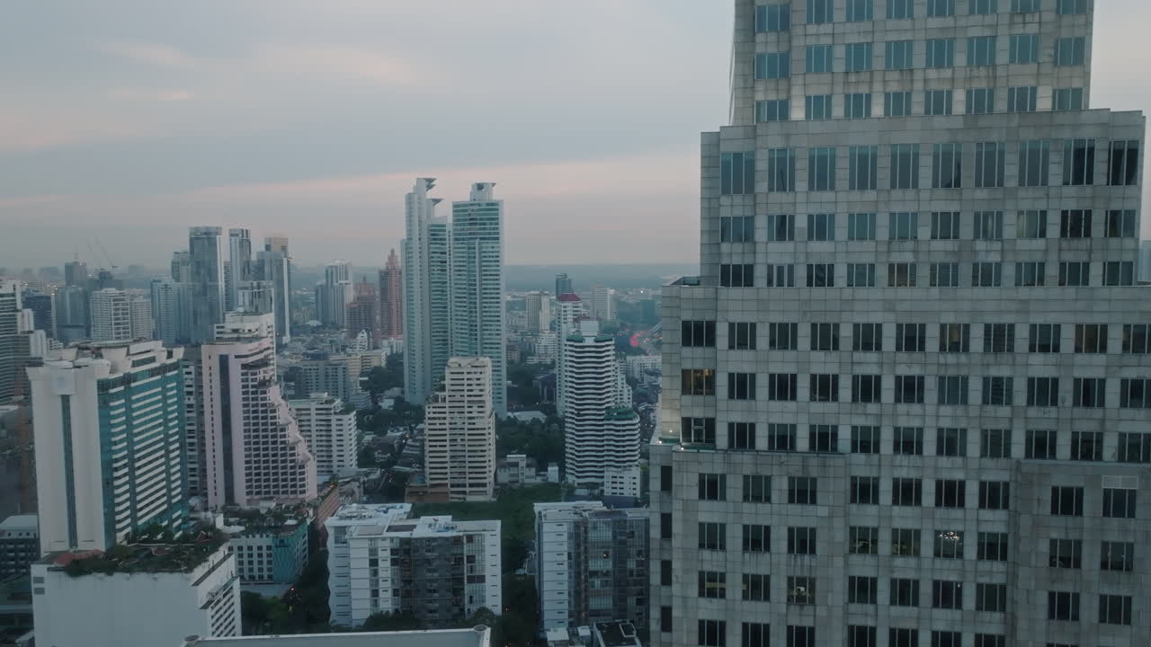 Drone shot of skyscrapers of Bangkok in Thailand. Architecture details