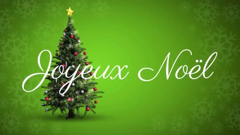 Animation-of-joyeux-noel-christmas-greetings-over-christmas-tree-on-green-background