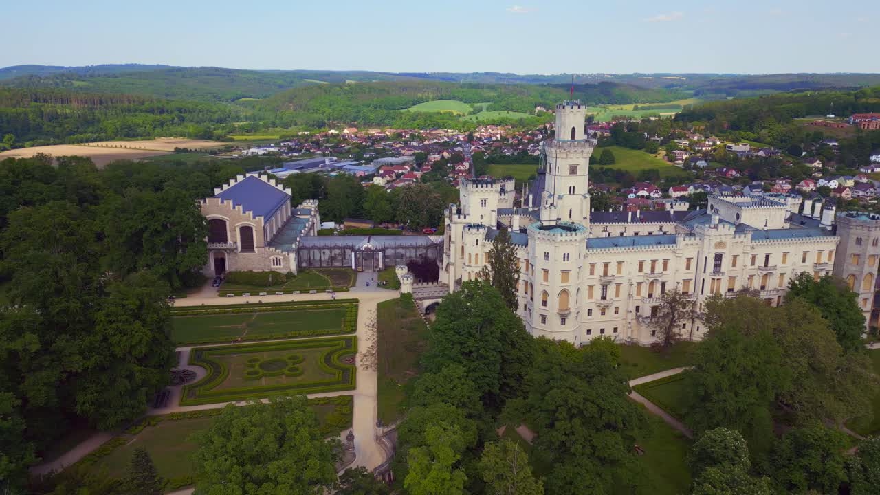 Dramatic aerial top view flight Fairy tale castle in Czech Republic Europe, summer day 2023