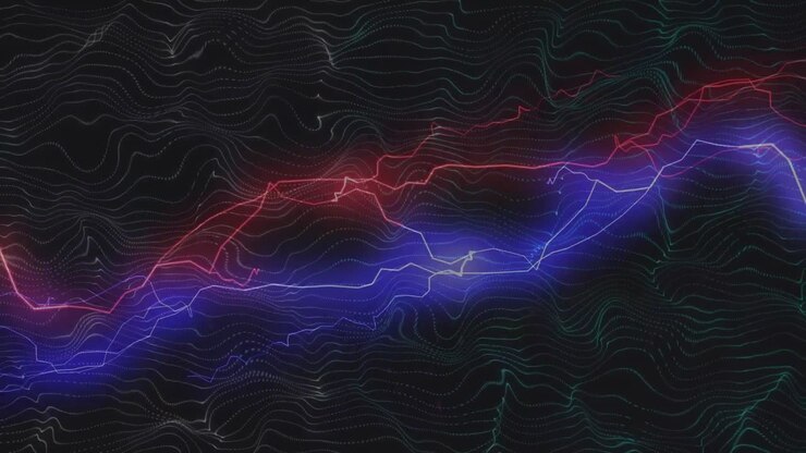 Animation of light trails over shapes on black background