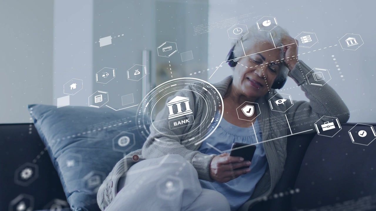 Senior woman tapping smartphone, holographic bank emblem growing into hexagon icons, managing money