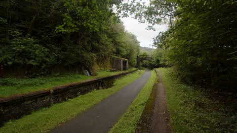 extra wide shot of cynonville station with old railway bridge in background and cycle path