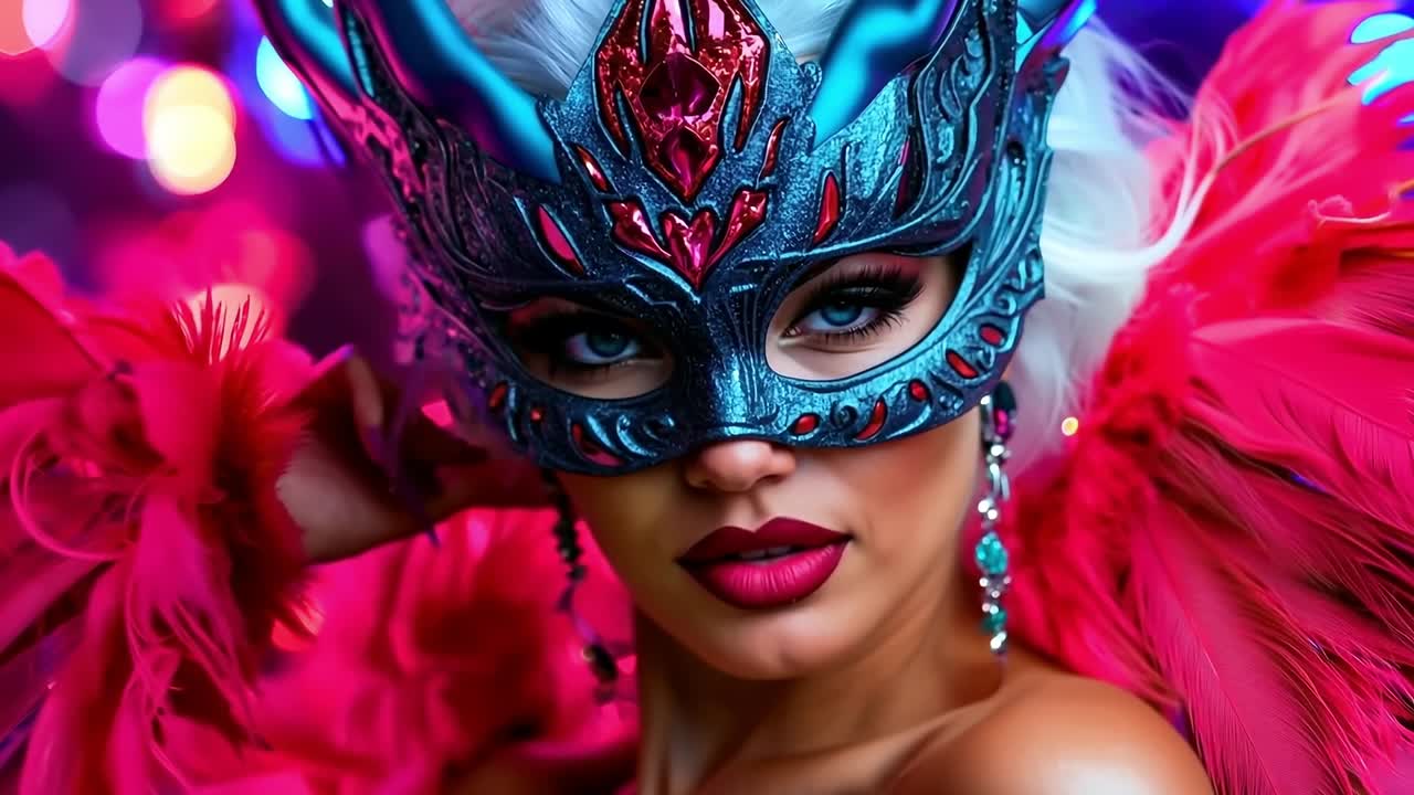 털과 함께 파란색과 빨간색 마스크를 입은 여자