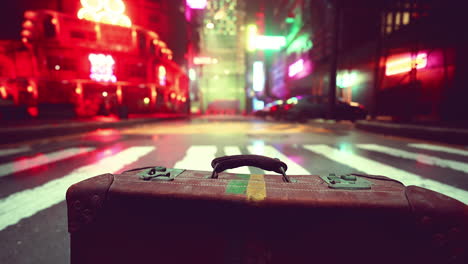 vintage suitcase abandoned on a neon lit street at night