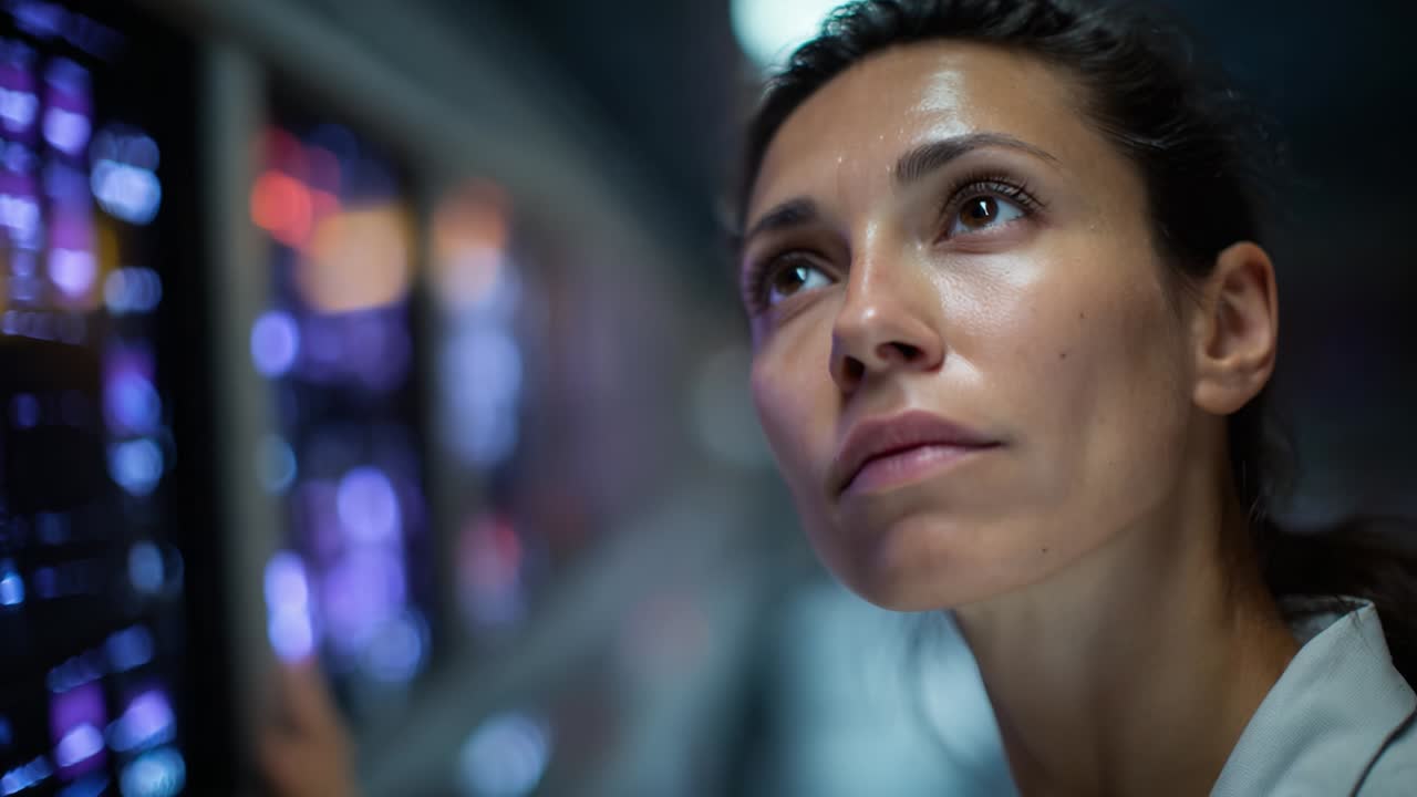 A focused researcher observes data displays with interest, engaged in deep thought, as she analyzes critical information in a high-tech environment, showcasing her dedication to scientific exploration