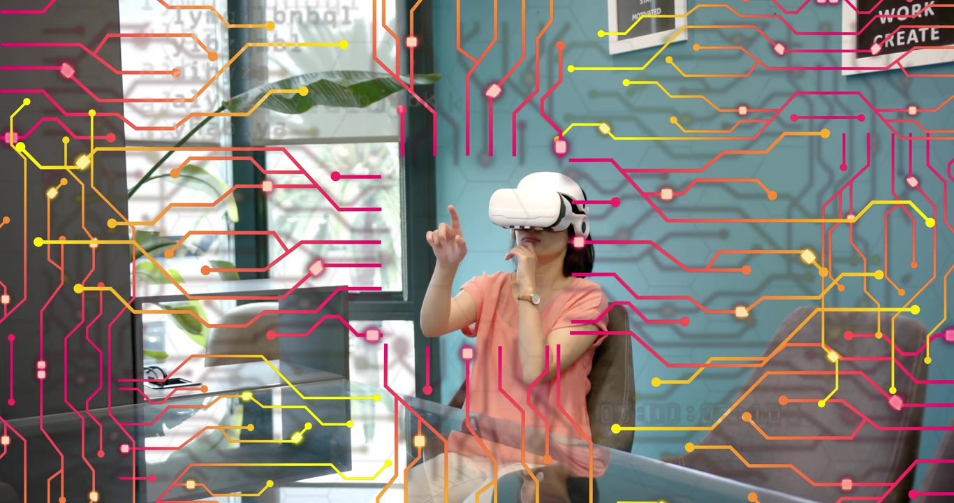 Woman securing headset strap and tapping controls, exploring interface with circuit overlay in tech