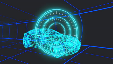 animación de un modelo 3d de coche con interfaz digital y procesamiento de datos
