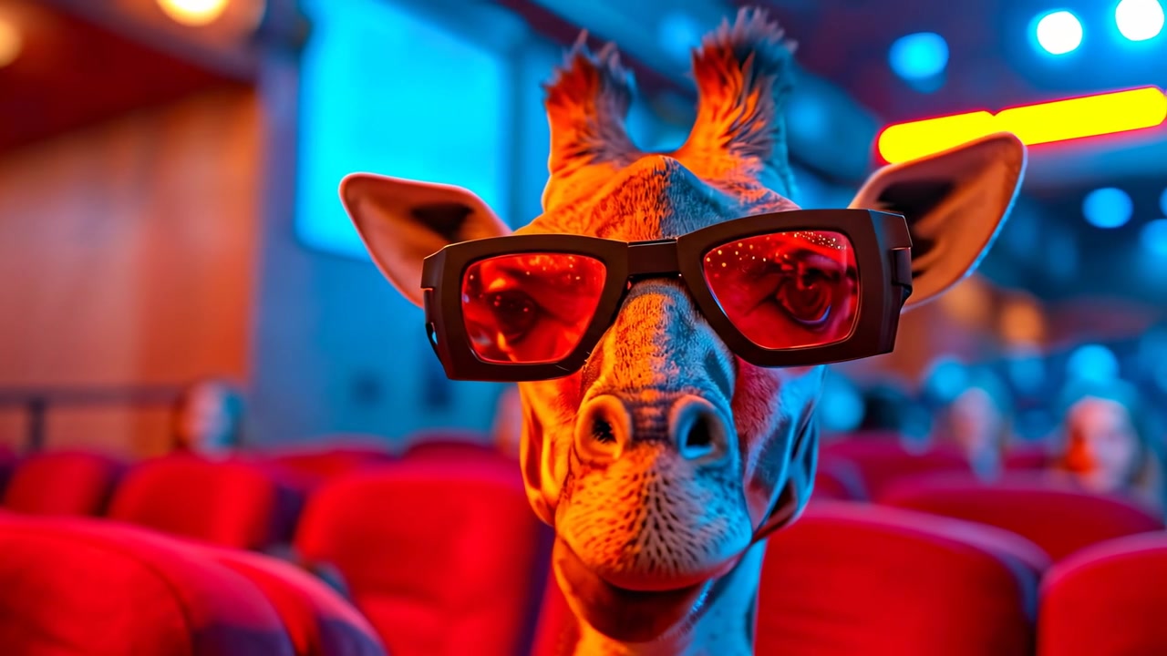 Giraffe wearing red cinema glasses in movie theater. Close up shot of a giraffe with black frame red lens glasses sitting inside a movie theater with blue neon lighting