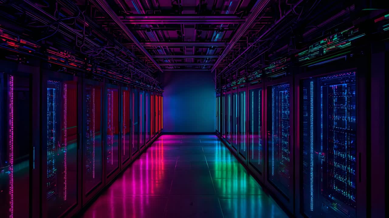 Afspilningen starter. Kameraet bevæger sig ned ad datacentrets gang med rack-LED'er, kabler over hovedet og gulv.