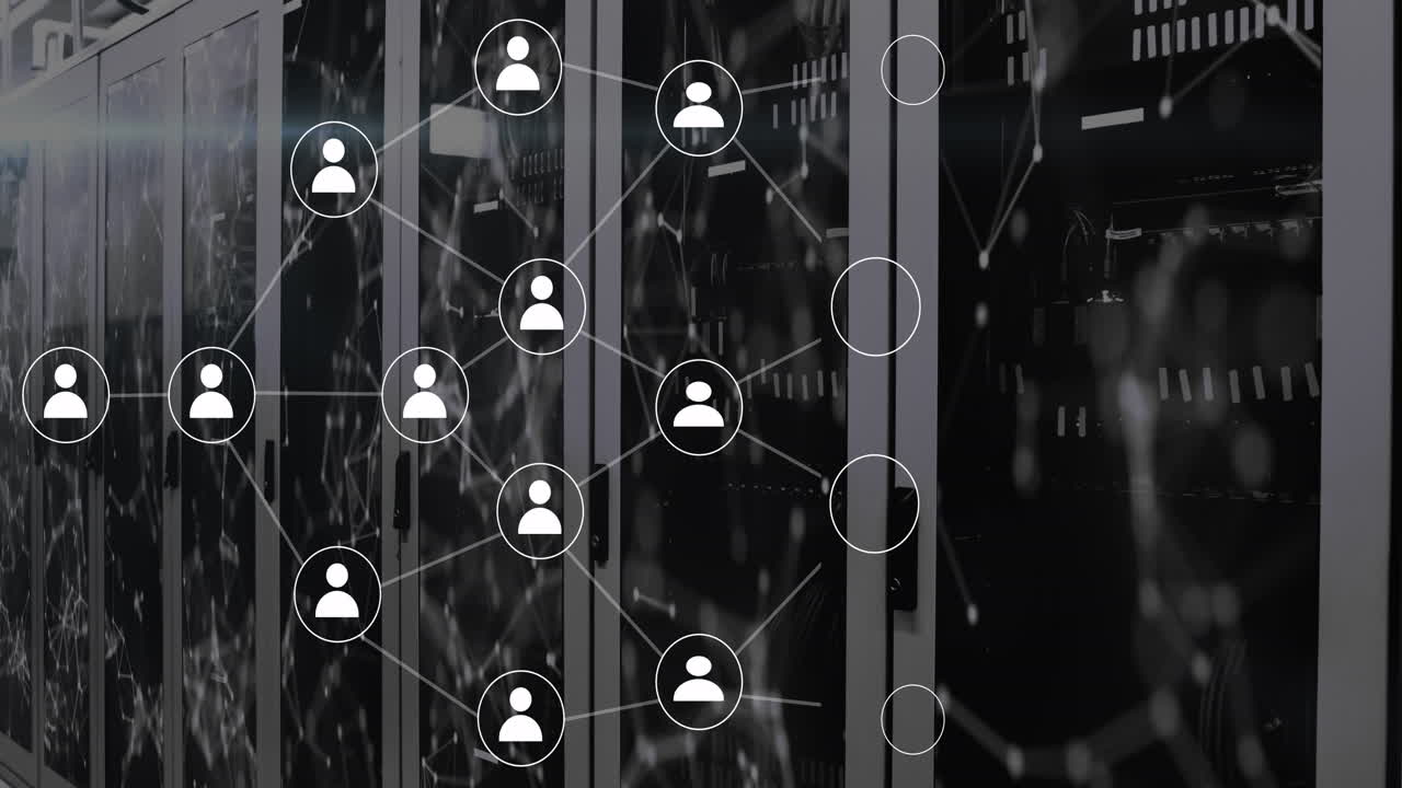 Animation of digital icons, computer servers and data processing