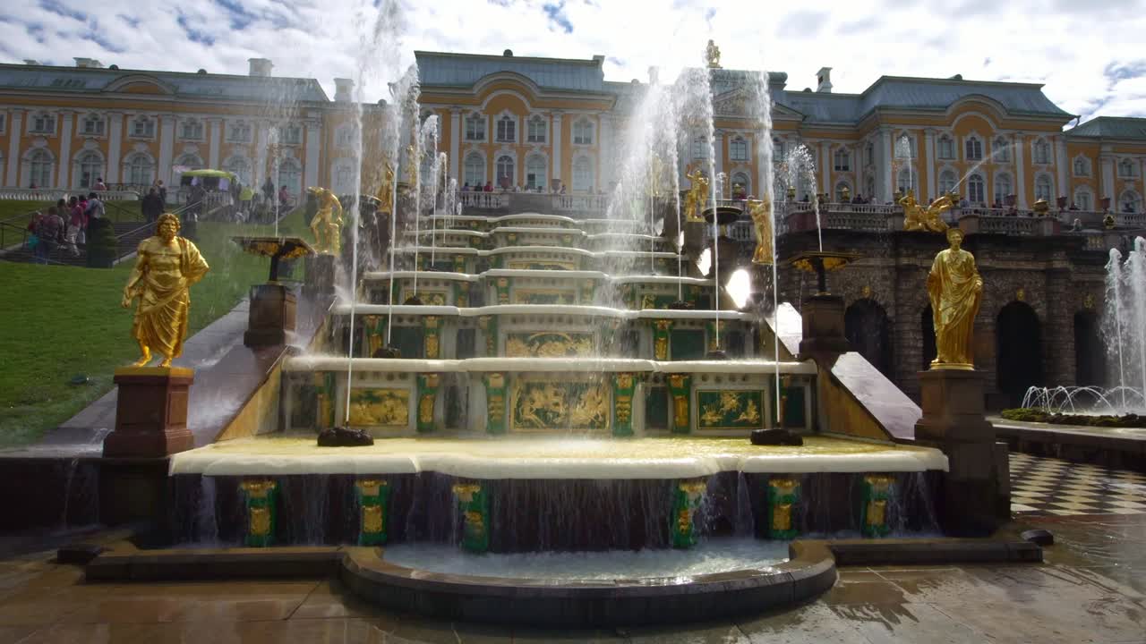 View of Grand Cascade fountains stairs with sculptures in Peterhof Saint Petersburg, Russia