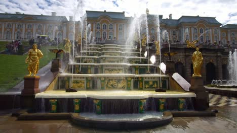 view of grand cascade fountains stairs with sculptures in peterhof saint petersburg, russia