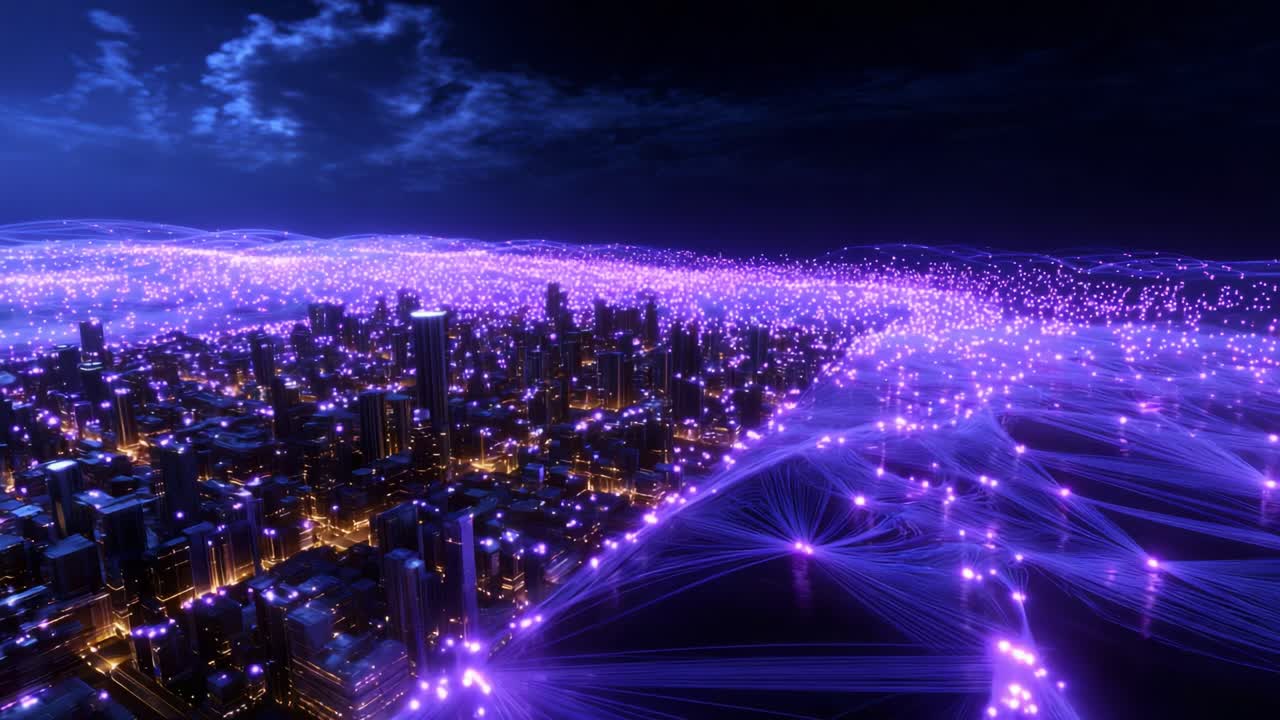 A Stunning Visualization of a Futuristic City Illuminated by Vibrant Purple Lights, Connected by Intricate Networks of Light, Showcasing the Marvels of Technology and Urban Life at Night