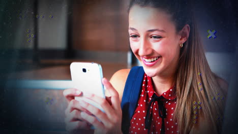 teenage girl holding smartphone in business presentation, displaying animated financial charts