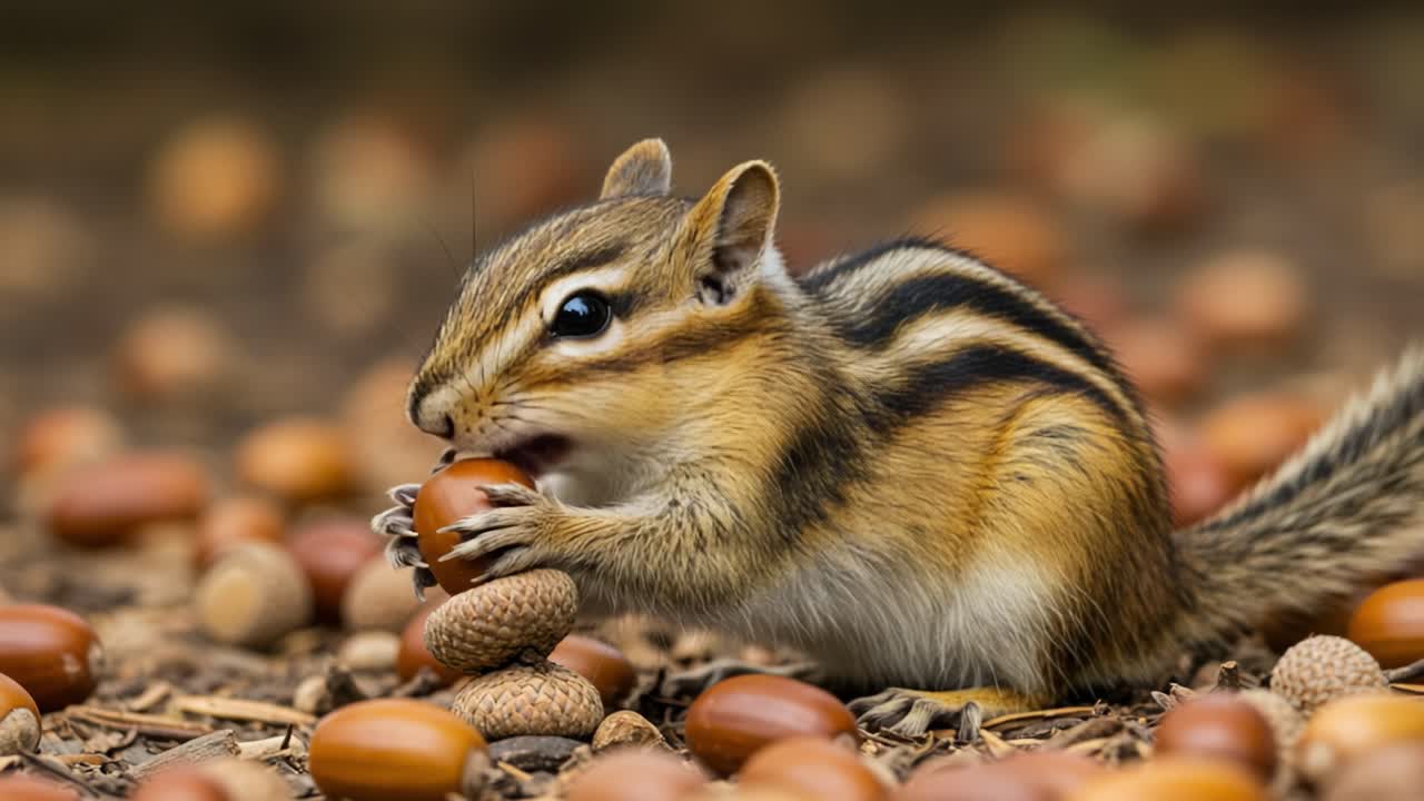 A Chipmunk Enjoys a Bountiful Harvest of Acorns, Scavenging Through the Forest Floor for Nuts and Seeds to Prepare for the Coming Winter Season