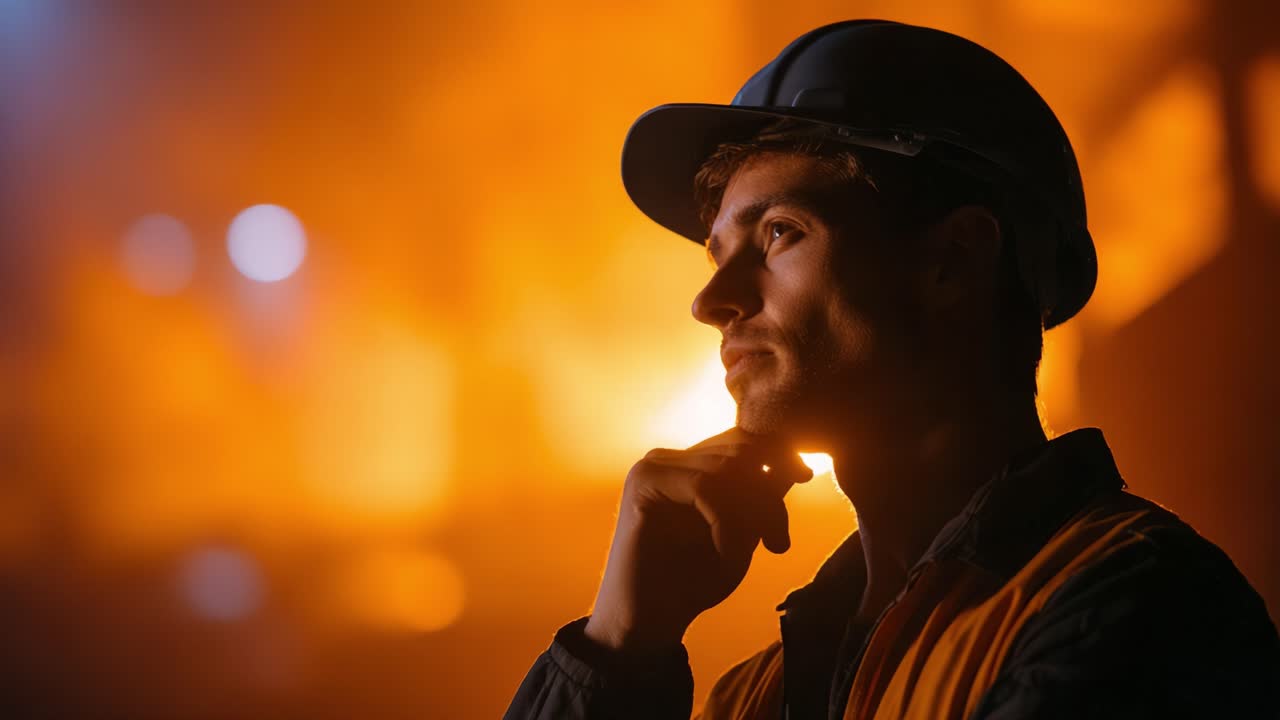 Contemplative Worker: A Young Man in Safety Gear Ponders His Next Move Amidst an Industrial Setting with Glowing Background Lighting