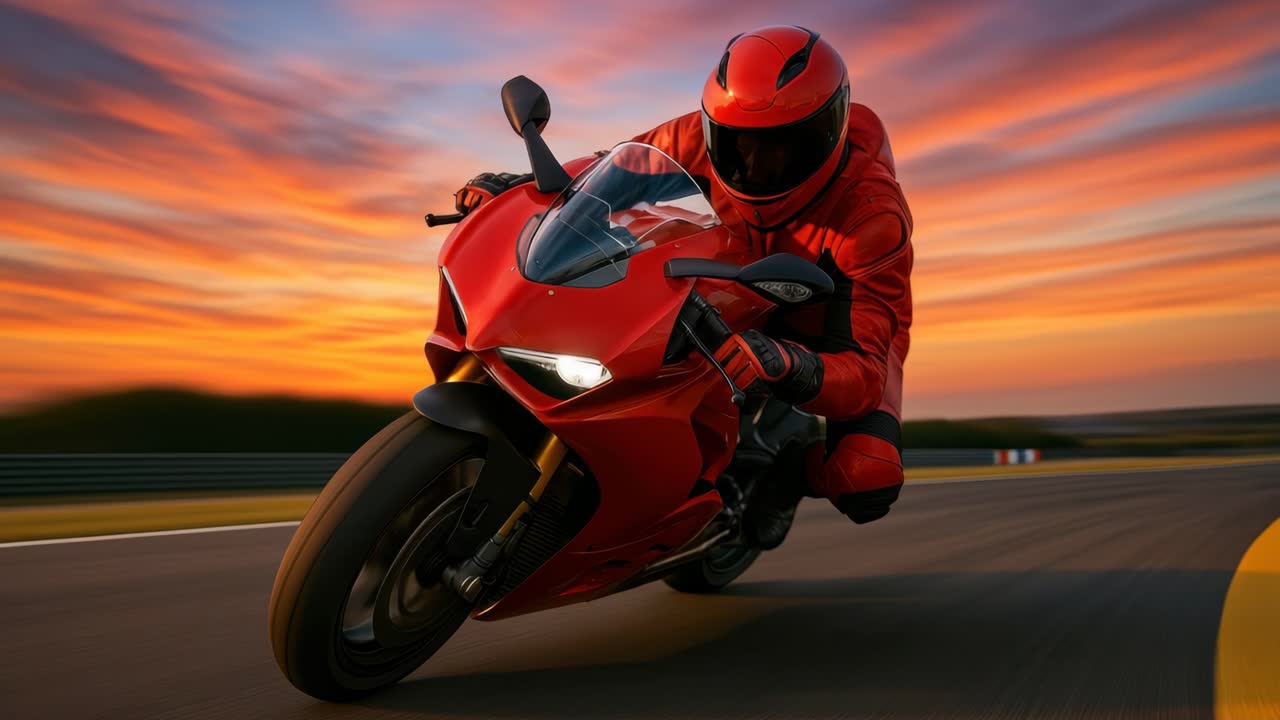 Dynamic low-angle shot of a motorcyclist in red gear racing on a track at sunset, capturing speed