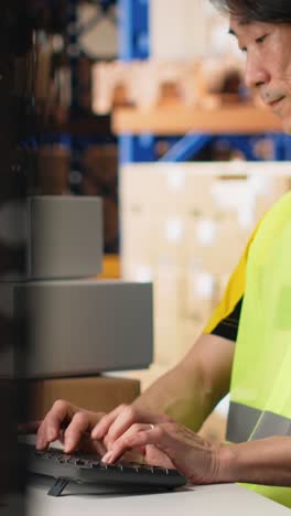 vertical video man in hi vis vest reviews shipment details on awb tags for dispatch