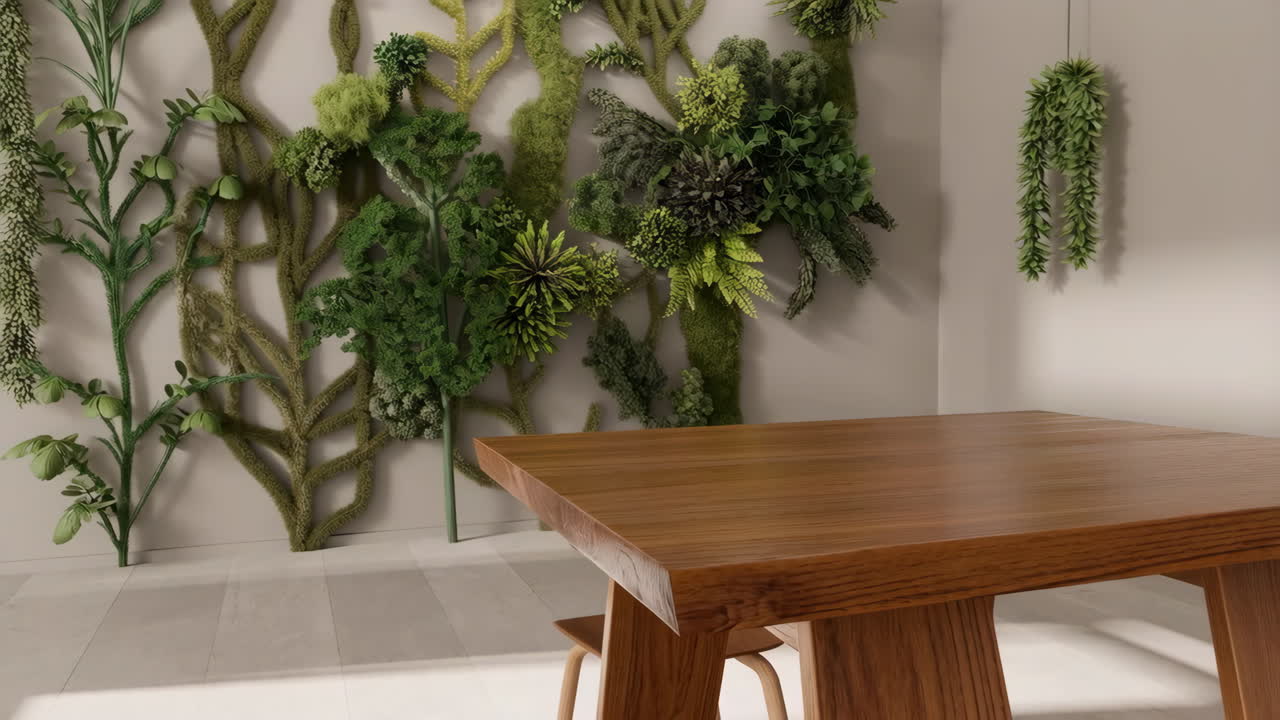 Interior with Wooden Table and Green Wall Decor
