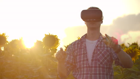 a young scientist in plaid shirt and jeans uses vr glasses on the field with sunflowers for scientific article. these are modern technologies in summer evening.