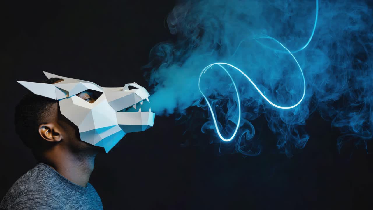 Man with Dragon Mask and Blue Smoke