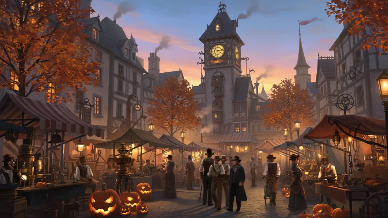 A Vibrant Autumn Market Scene Featuring Festive Decorations, Engaging Vendors, and Pumpkin Displays, Set Against a Historical Clock Tower and Colorful Fall Foliage