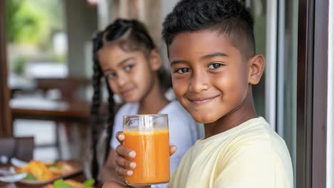 cheerful siblings enjoying nutritious morning breakfast, young boy holding orange juice glass, sister nearby, radiating happiness and family togetherness