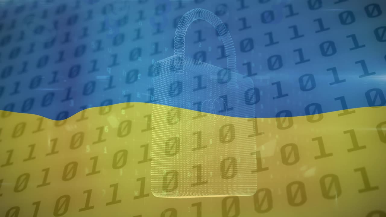 Animace digitálního visacího zámku a binárního kódu přes vlajku Ukrajiny.