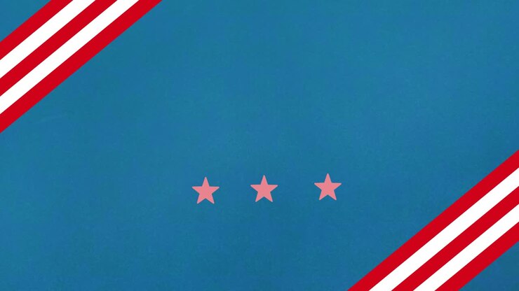 Animation of stars and stripes of flag of united states of america with copy space on blue