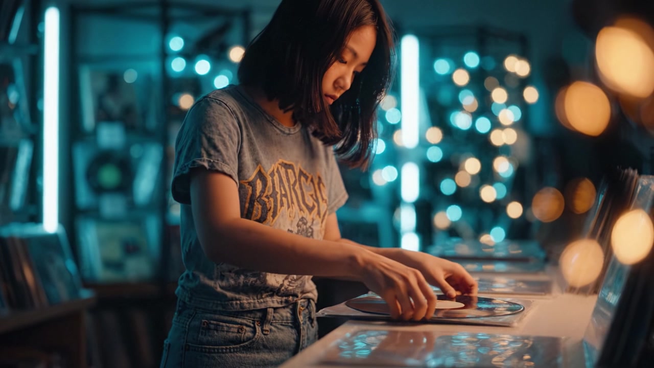 美しく照らされたディスプレイとコレクションで満たされた、居心地の良い雰囲気の音楽店で、若い女性がビンテージのレコードを興味深そうに調べている