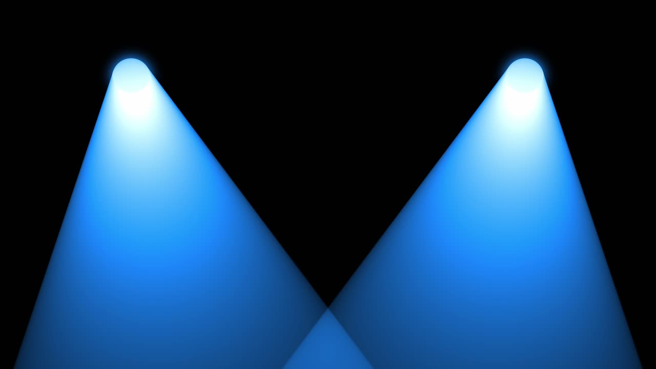 두 개의 파란 스포트라이트가 왼쪽에서 오른쪽으로 이동하고 검은색 배경에서 서로 교차하는 루프 애니메이션