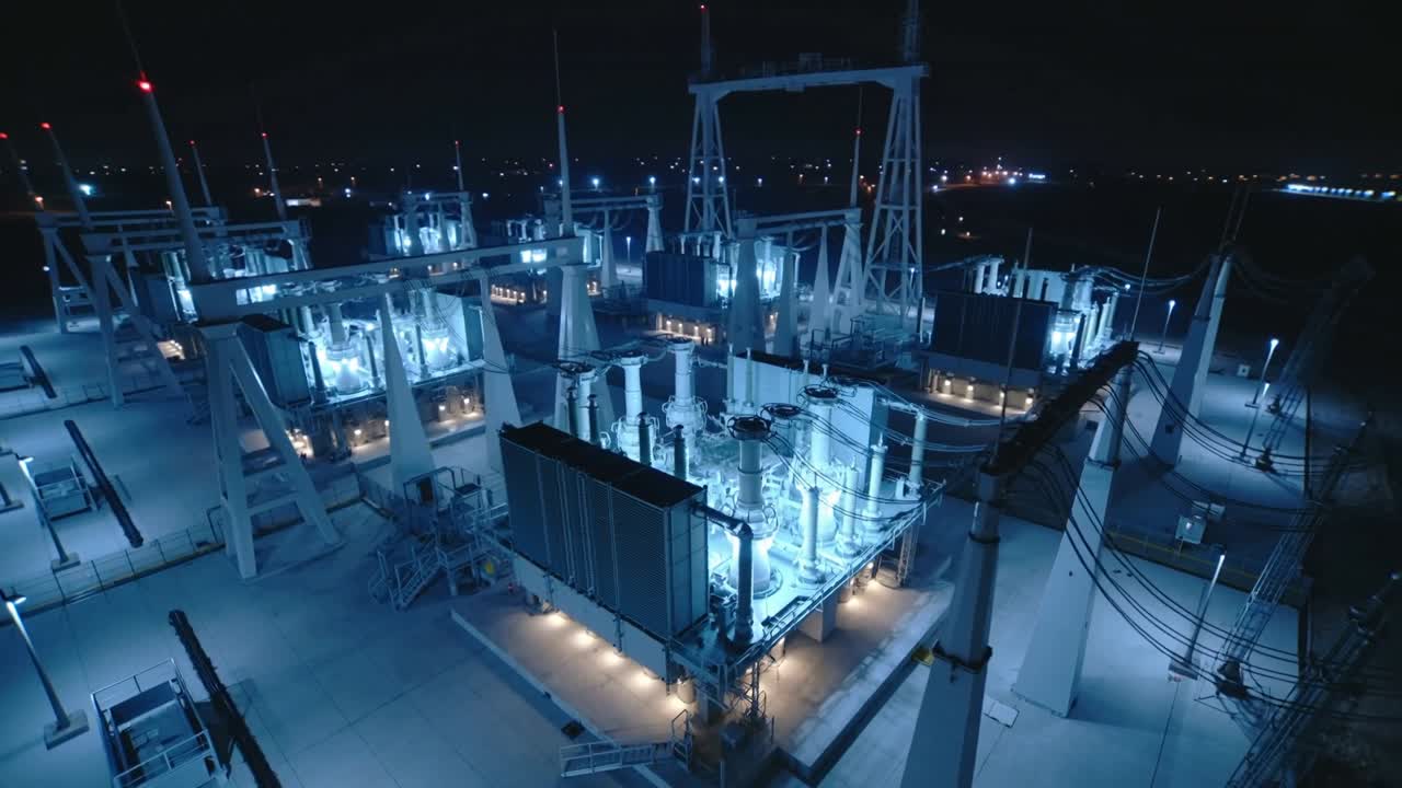 Panning drone camera revealing main transformer at substation exposing lit insulators and busbar