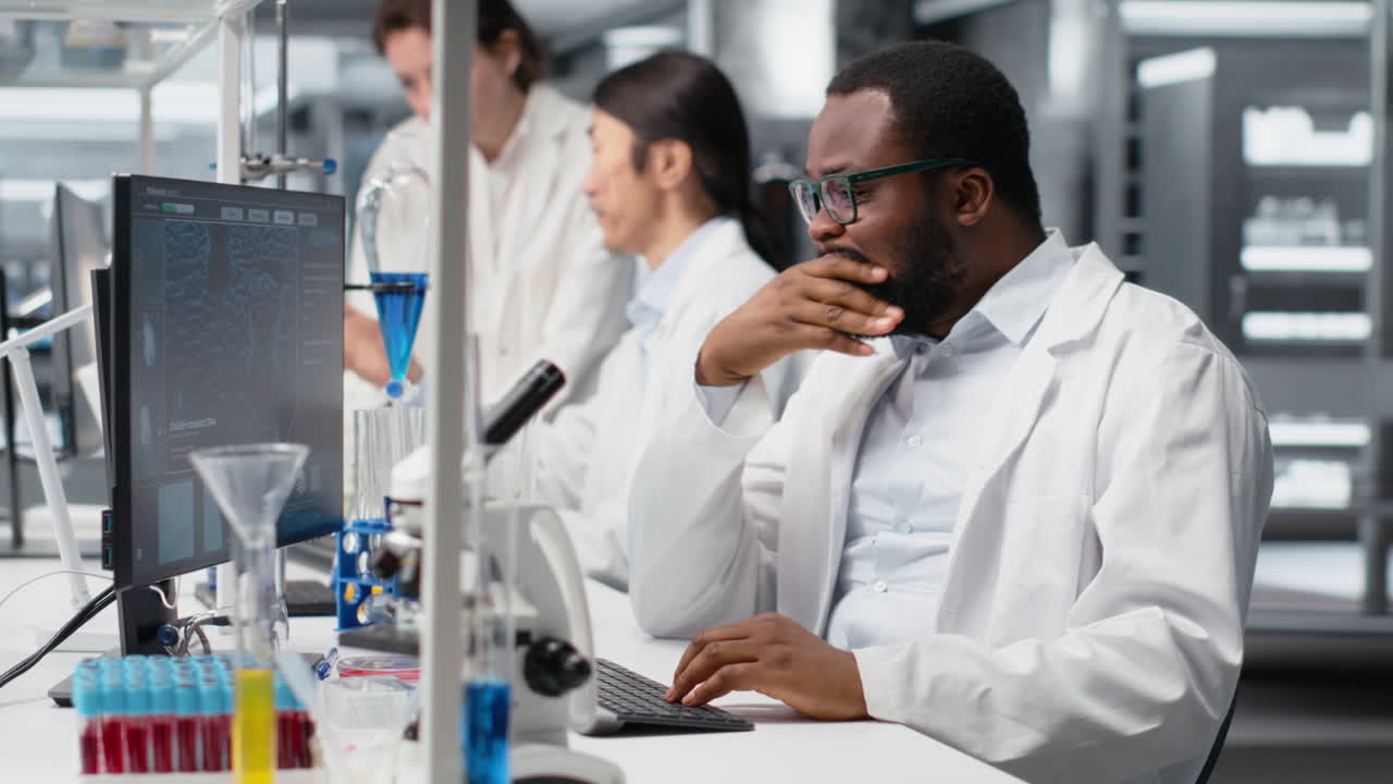 Vertical video Confused laboratory scientist frowning while looking at DNA patient data