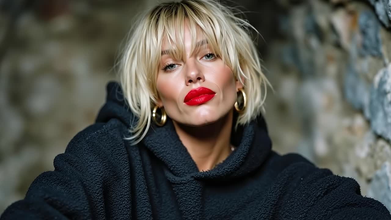 A woman with blonde hair and red lipstick leaning against a stone wall