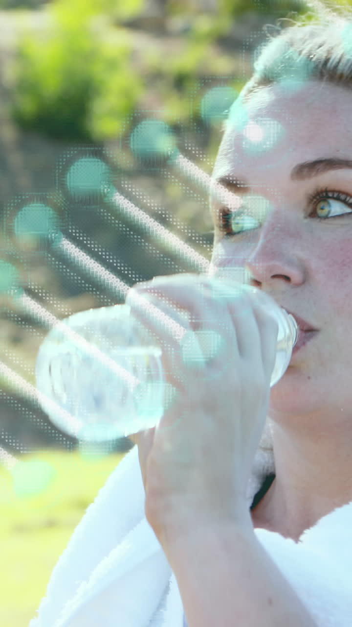 물을 마시는 백인 여성 위에 있는 dna 줄기의 애니메이션