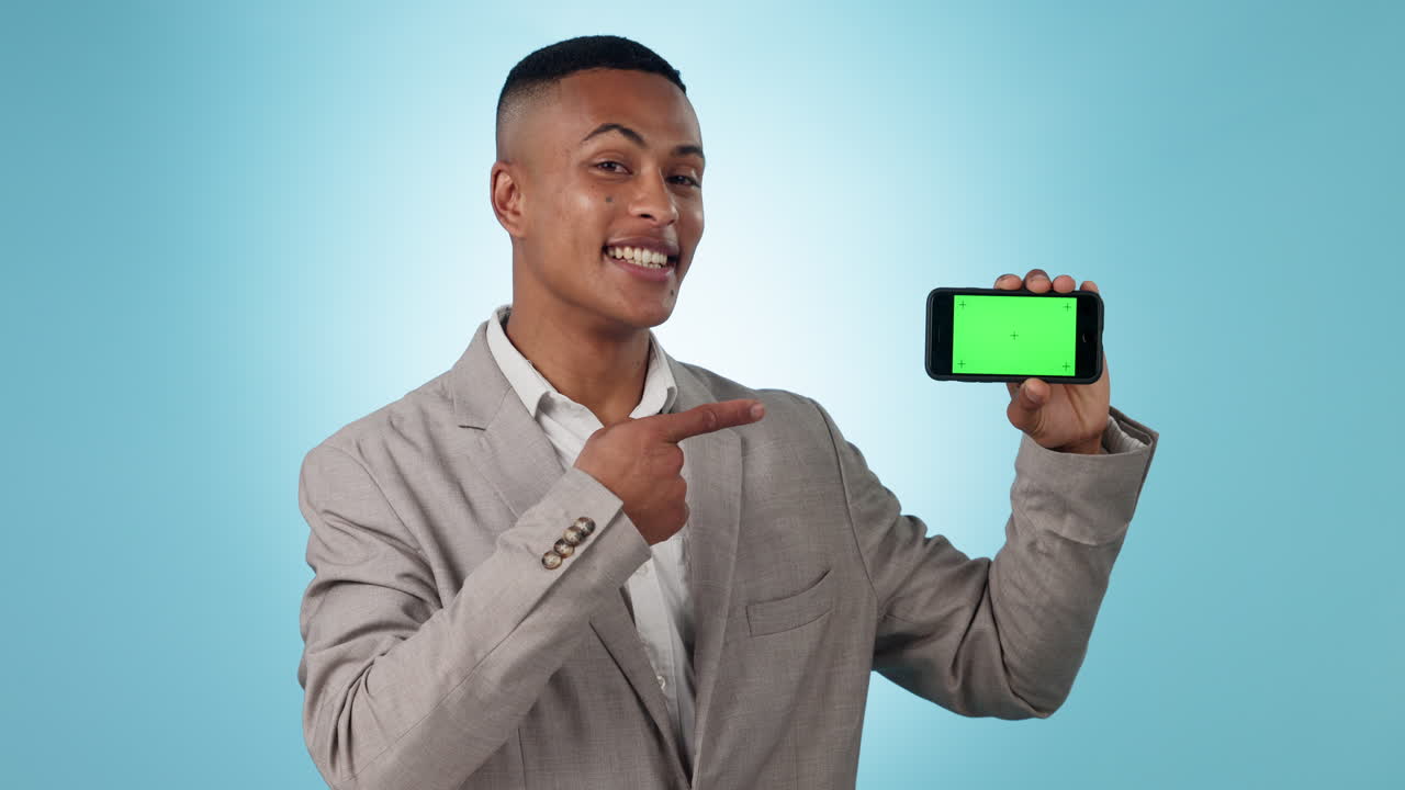 Green screen phone, smile or business man pointing