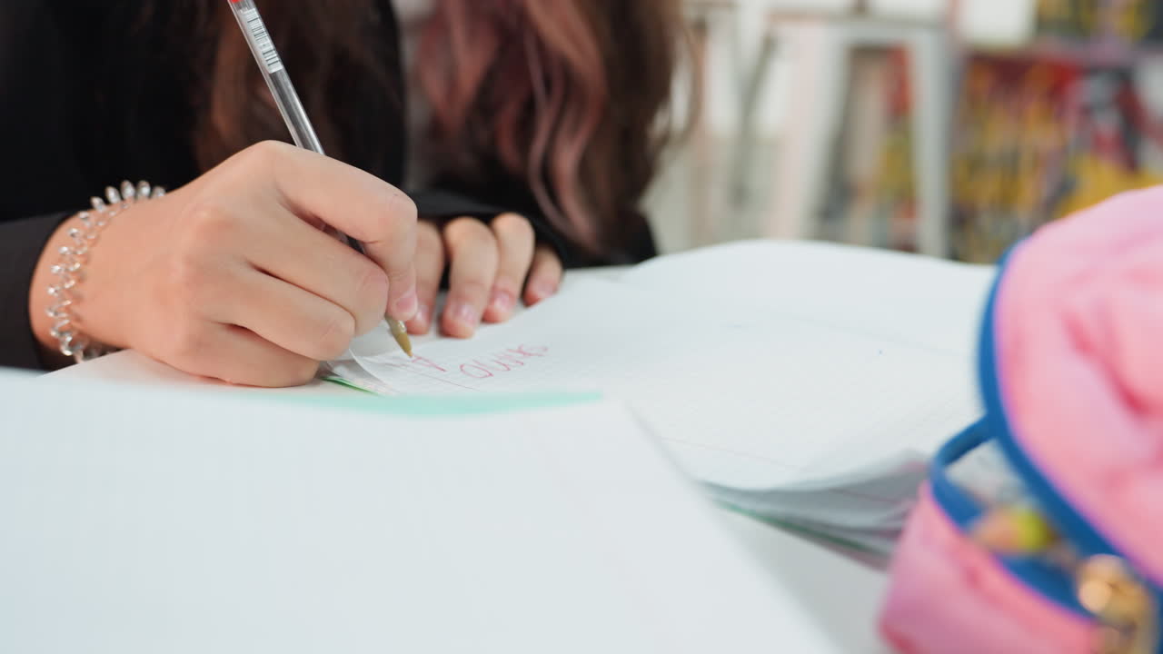 Primo piano di studente concentrato di razza non specificata che prende appunti, mani che tengono una matita su un quaderno aperto, astuccio rosa in primo piano, dettaglio del braccialetto, sfondo sfocato con libreria, atmosfera calma e studiosa