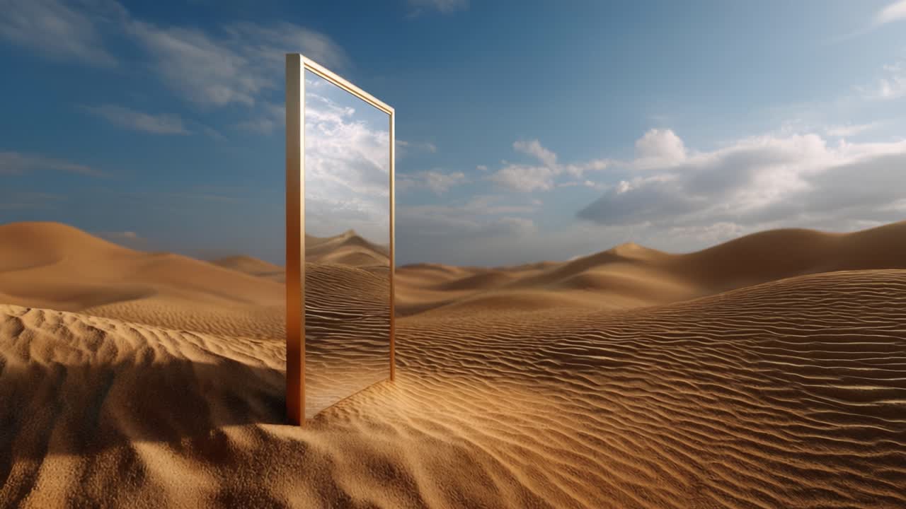 Uno specchio misterioso che riflette il vasto paesaggio desertico sotto un cielo blu con nuvole soffici e dune di sabbia ondulate, catturando un senso di serenità e meraviglia.