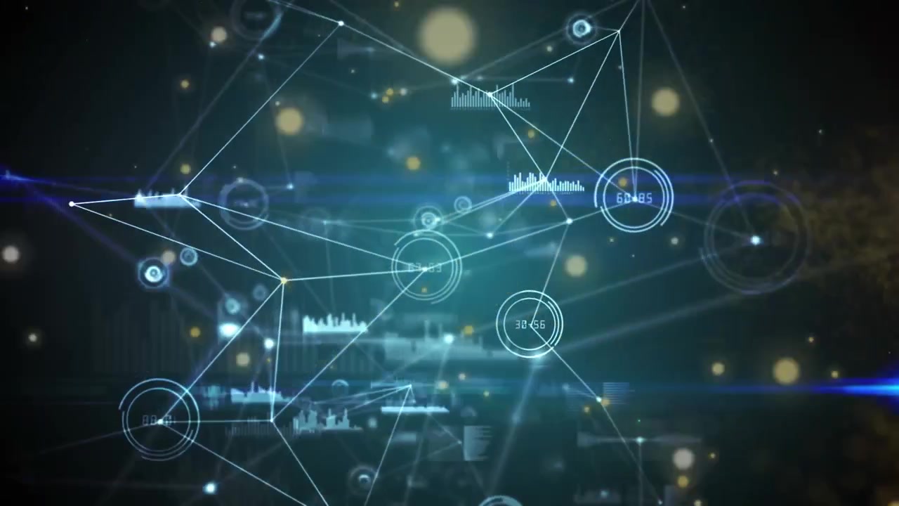 Animation of lens flare over connected dots and graphs against abstract background