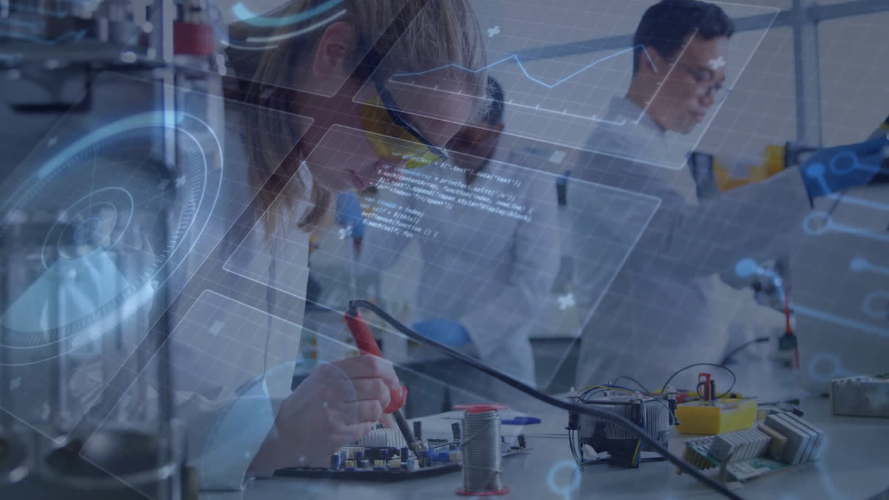 Scientists working on electronics with digital data processing animation overlay